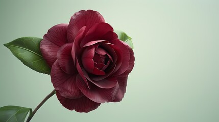 Obraz premium A deep burgundy camellia flower isolated on a light green background.