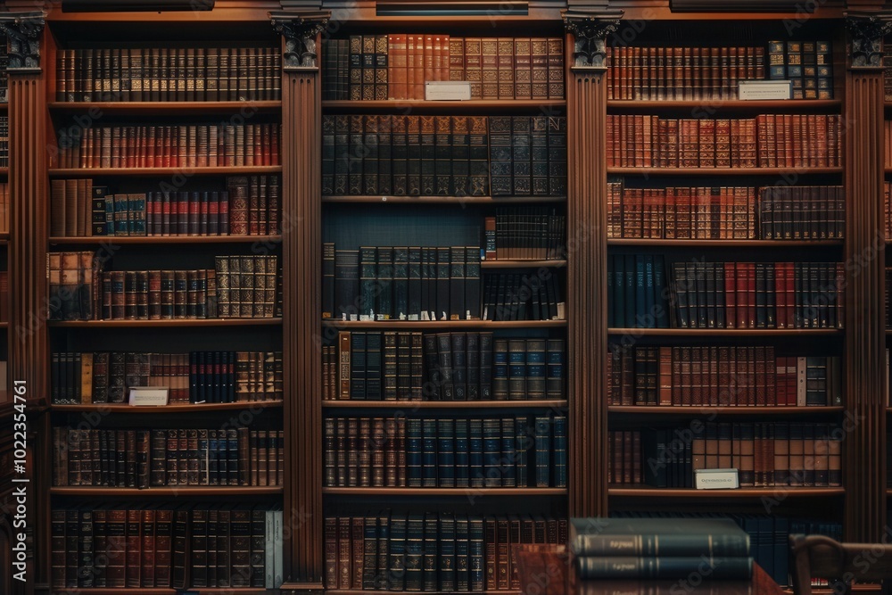 Fototapete Wooden shelves display an extensive array of textbooks and academic literature, creating an inviting atmosphere for study and research. Generative AI