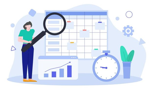 a person with a magnifying glass examining a calendar highlighting concepts of time management organization productivity and planning illustration animated video