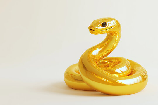 Shiny golden snake in a coiled position, sleek design, highlighting reflective surface against soft beige background