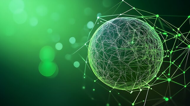 Futuristic design featuring a sleek green tech sphere with digital connections stretching outwards, showcasing the advancement and complexity of digital technology in todays society.