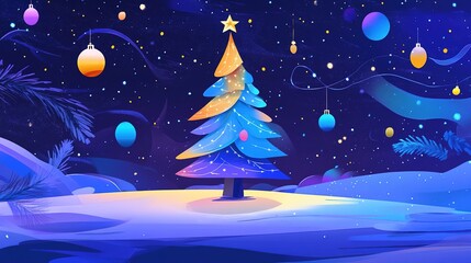 Naklejka premium A beautifully glowing small Christmas tree adorned with minimalist geometric ornaments and abstract patterns, radiating in vibrant colors like bright blue, soft purple, and warm gold