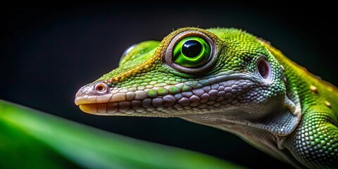 Fototapeta premium A lizard with emerald eyes and a textured, vibrant green skin, poised on a leaf, its gaze focused on the unknown