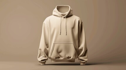 A Beige Hooded Sweatshirt with Drawstrings Hanging Down