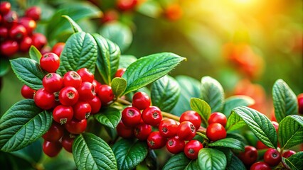Obraz premium A vibrant cluster of red berries nestled amongst lush green leaves, bathed in the warm glow of the setting sun.