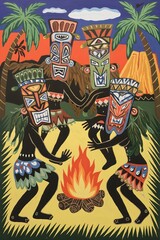 Obraz premium Four figures in a tribal dance around a fire, depicted in a colorful, stylized manner