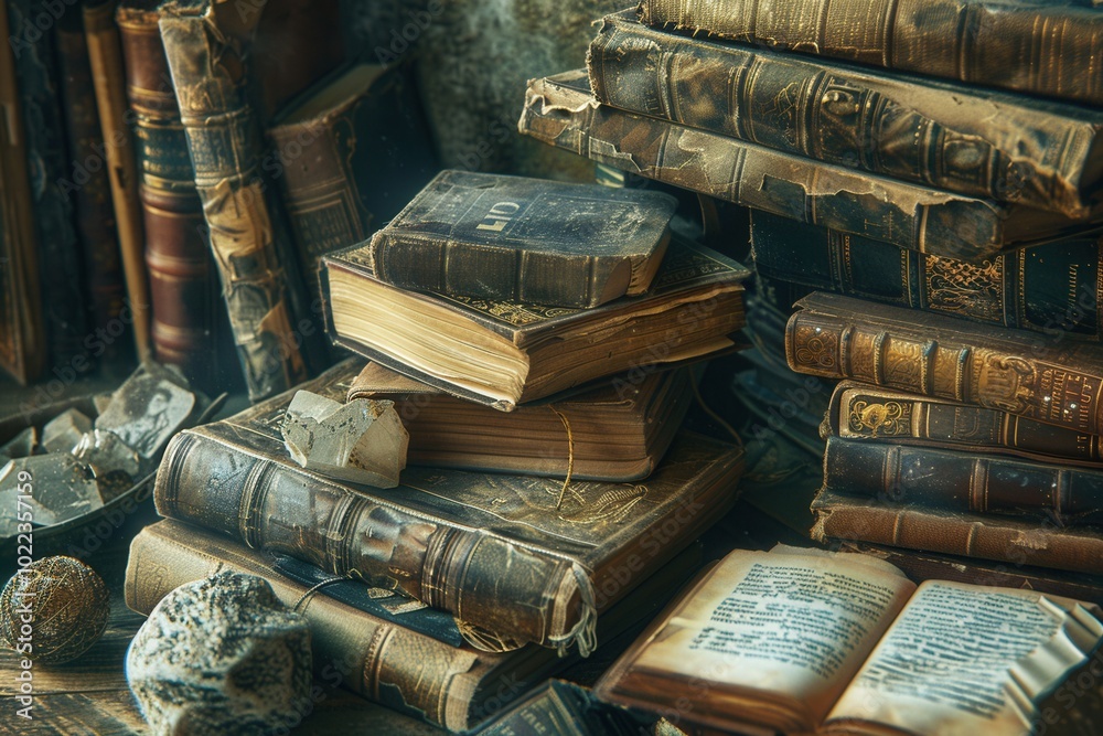 Fototapete various ancient books and scrolls are scattered amidst historical artifacts, revealing stories from 