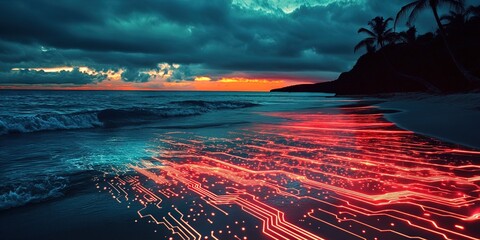 beach with ocean made of glowing circuitry