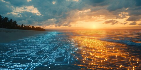 beach with ocean made of glowing circuitry