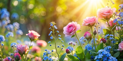 Obraz premium Sunlit Garden Blooms Delicate pink roses and vibrant blue wildflowers bathed in the warm glow of the afternoon sun, creating a scene of natural beauty and serenity.