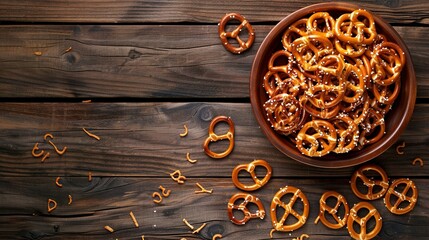Fototapeta premium Flat Lay Presentation of Delicious Pretzel Crackers and Salty Sticks on a Wooden Table