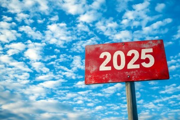 Bright red sign with 2025 against a colorful sky symbolizes new beginnings and future goals for personal and business growth