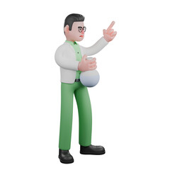 Professional Biologist 3D Art. A male biologist stands holding a measuring flask in his left hand and his right hand pointing up. Male Zoologist Character
