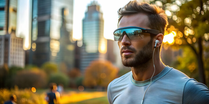 Candid Shot of Jogger Using Smart Glasses to Monitor Fitness Stats in Central Park, New York City - Urban Exercise Technology Concept Photo