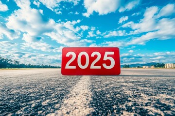 Red sign displaying 2025 on an open road under a blue sky symbolizes new goals and the start of a fresh journey towards success