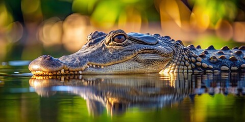 Fototapeta premium The Ancient Reptile's Eye Glints Through the Water, Reflecting the Sunlight Filtering Through the Green Canopy Above