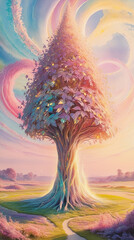 A mysterious towering tree with pastel colors