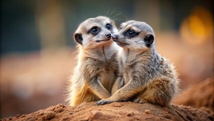 Fototapeta premium Two Meerkats Sharing a Tender Moment, Their Fur Blending with the Warm Earth Tone Background