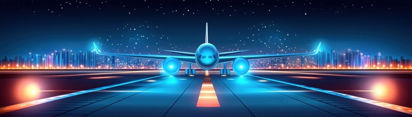 Fototapeta premium A stunning night view of an illuminated airplane ready for takeoff, set against a city skyline filled with twinkling lights.