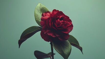 A deep burgundy camellia flower isolated on a pastel green background.