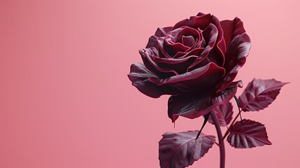 A deep burgundy rose flower isolated on a pastel pink background.
