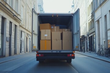 Delivery truck with open doors parked on the street, filled with boxes for moving during the day in an urban environment