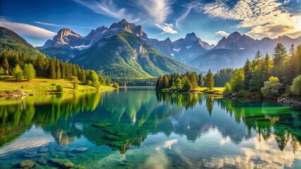 Fototapeta premium A tranquil mountain lake reflects the serene beauty of the surrounding landscape, showcasing a breathtaking panorama of towering peaks and verdant forests