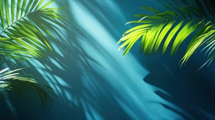 Fototapeta premium a painting of palm leaves against a blue background