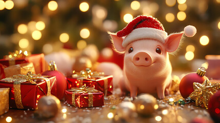 A cheerful pig wearing a Santa hat surrounded by festive decorations, including colorful gift boxes and sparkling lights, creating a joyful holiday atmosphere.