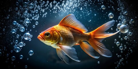 Fototapeta premium A Vivid Orange Fish Swims Amidst a Cloud of Shimmering Bubbles, a Moment of Tranquility in the Aquatic Realm