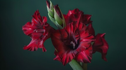 A deep burgundy gladiolus flower isolated on a dark green background.