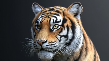 A fierce and detailed close-up of a tiger's head, showcasing its intense gaze, powerful expression, and distinctive features. The tiger's striking orange fur, bold black stripes,