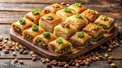 A Collection of Delicious Baklava Squares, Each Layer a Symphony of Flavors and Textures, Displayed on a Rustic Wooden Board Surrounded by Scattered Nuts