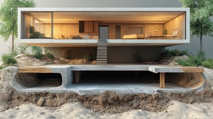 Modern house design with a split view showcasing interior and foundation.