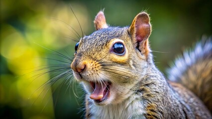 Obraz premium A closeup of a squirrel with its mouth open in a startled expression, revealing its pink tongue and sharp teeth, the blurred background suggests a natural habitat
