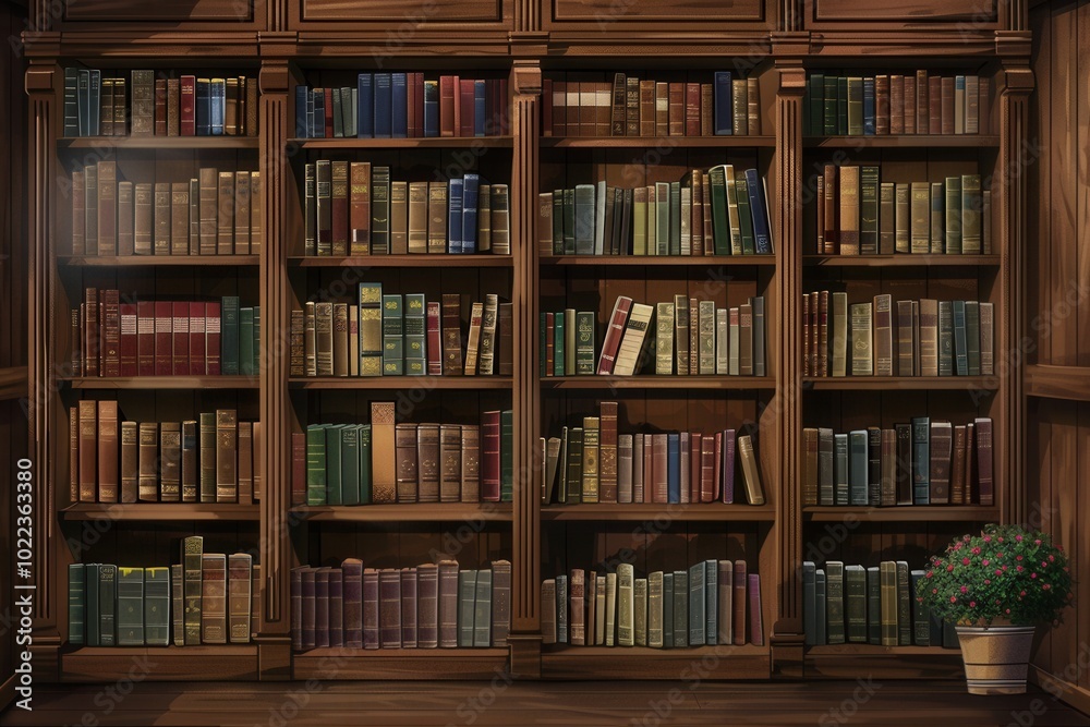 Poster bookshelves filled with diverse textbooks and literature create a warm learning atmosphere in the st