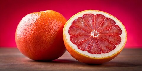 A juicy red grapefruit cut in half, revealing its vibrant interior with a delicate texture, sits on a wooden surface against a vibrant red backdrop.