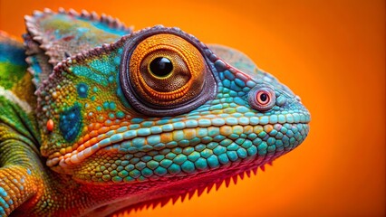 Obraz premium A Vivid Portrait of a Chameleon's Eye, Capturing the Intricate Patterns and Textures of its Scaly Skin, Against a Vibrant Orange Background
