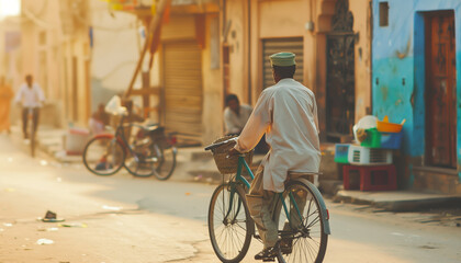 Fototapeta premium Man Riding Bicycle Through Vibrant Street in Urban Setting with Early Morning Light