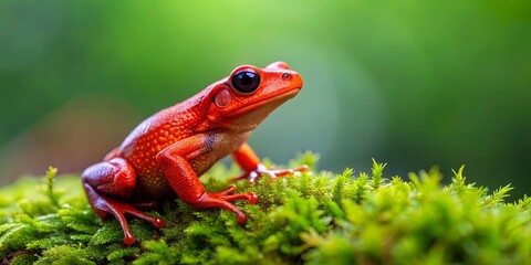 Fototapeta premium A vibrant red amphibian perched atop a bed of verdant moss, its bright eyes gleaming with an alert presence.