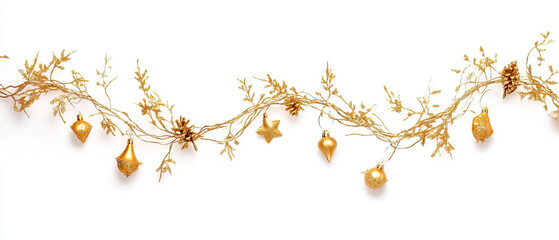 gold garland decoration for christmas. gold garland decoration on white background. gold decorations