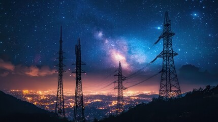 From below wonderful view of media antenna and silhouettes of electricity high voltage power towers against night city on horizon and gorgeous Milky Way in clear sky