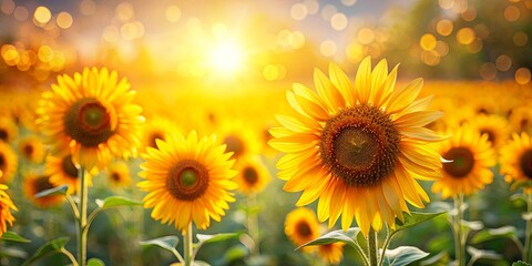 Fototapeta premium Golden Sunflowers Bathed in Warm Light, Their Bright Petals Reaching Towards the Sky, Creating a Vibrant Tapestry of Summer Colors