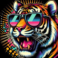 Obraz premium colorful tiger with sunglasses pop art