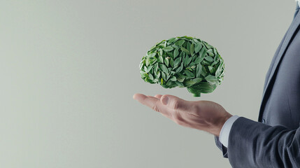 Nurturing Growth:  A businessman's open hand cradles a vibrant green brain, symbolizing the cultivation of knowledge and sustainable growth.