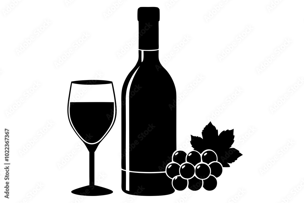 Wall mural wine bottle and glass of wine and grapes | vector silhouette illustration on white background