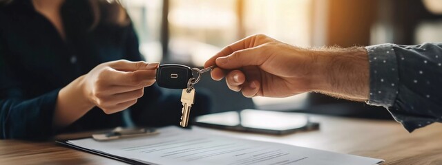The sales person hands over the car keys to their customer, who signs a sales contract and sits at their desk in a modern office with natural light. 