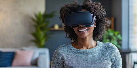 Black adult wearing vr headset in living room
