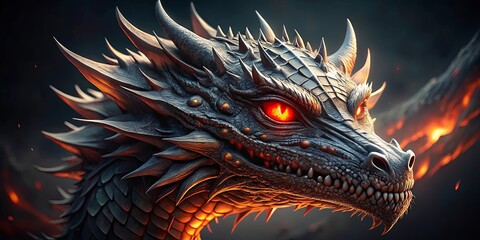 A Fierce Dragon With Glowing Red Eyes Gazes Intensely, Its Scales Shimmering With a Metallic Sheen, Against a Backdrop of Swirling Flames.