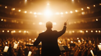 Elegant symphony orchestra playing in a circular formation, conductor passionately leading from the center, every note in harmony, soft spotlights illuminating the scene